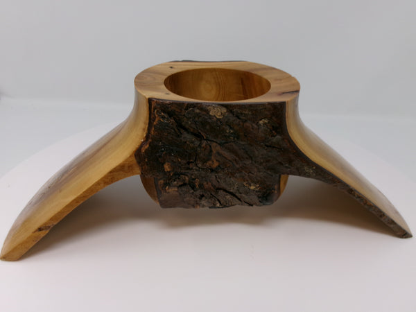 Large Decorative Wooden Bowl with Tree Bark and Side Supports